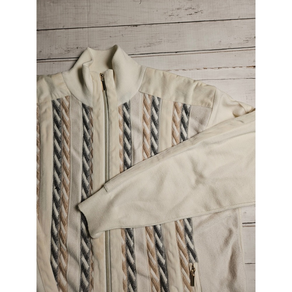 Stacy Adams Mens XXL Cream Full Zip Mock‎ Neck Sweater Textured Faux Suede Trim